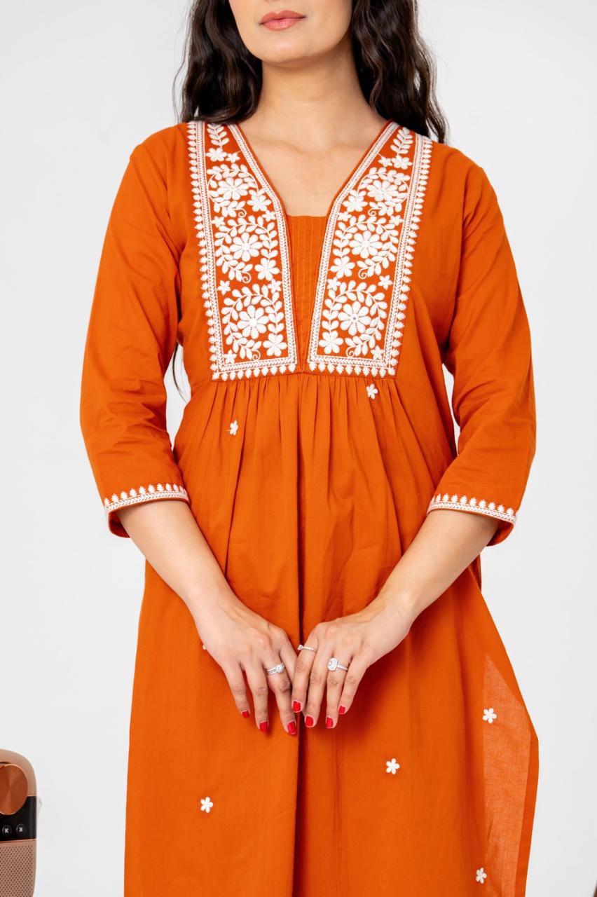 Trending embroidered rust cotton full suit set