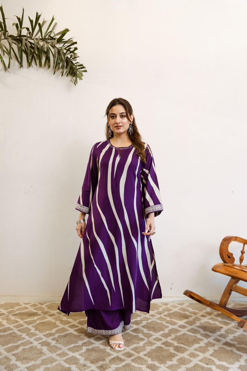 Super pretty slub cotton stripes design with four pocket kurta pant in purple