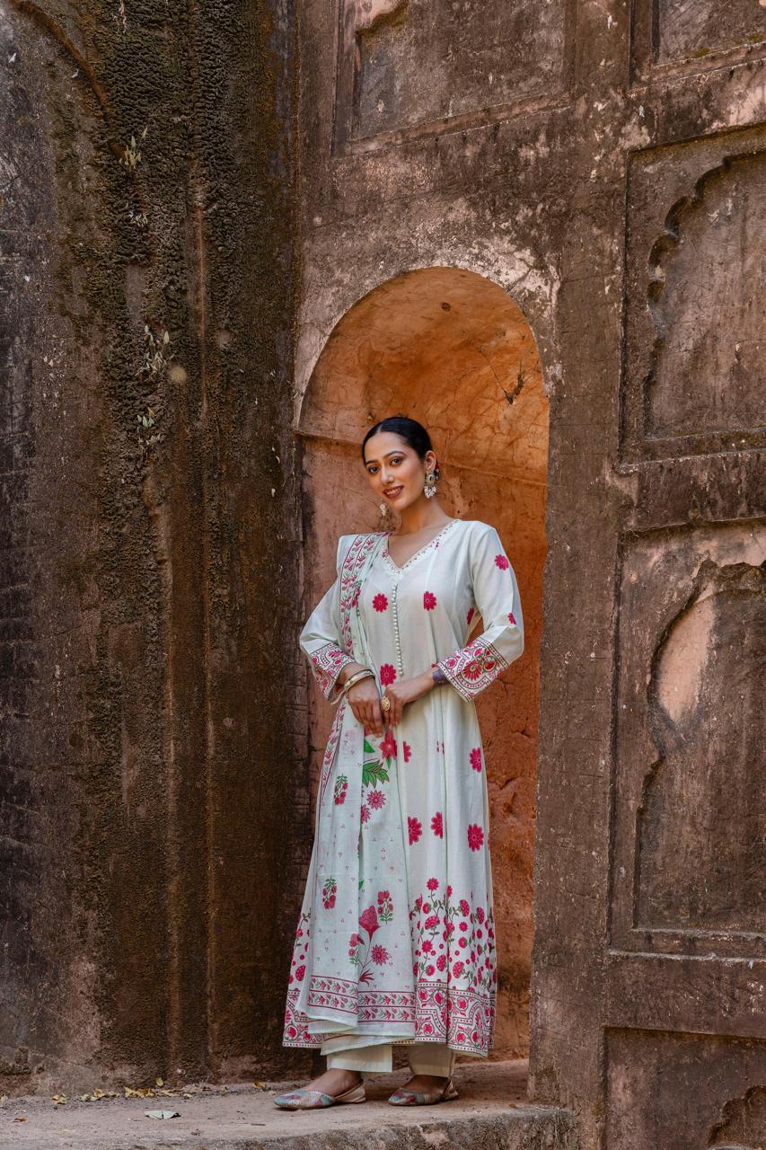 Wow cotton shoulder Anarkali suit set in pista