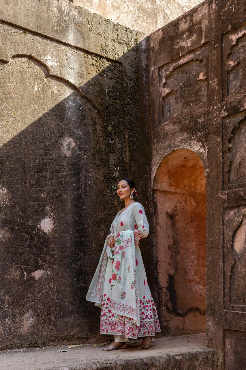 Wow cotton shoulder Anarkali suit set in pista