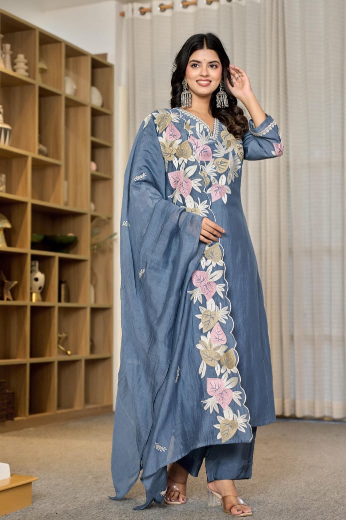 Premium Mul Chanderi appliqué work suit set in blue