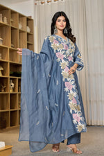 Premium Mul Chanderi appliqué work suit set in blue