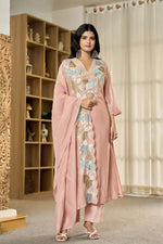 Premium Mul Chanderi appliqué work suit set in pink