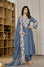 Premium Mul Chanderi appliqué work suit set in blue
