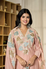 Premium Mul Chanderi appliqué work suit set in pink