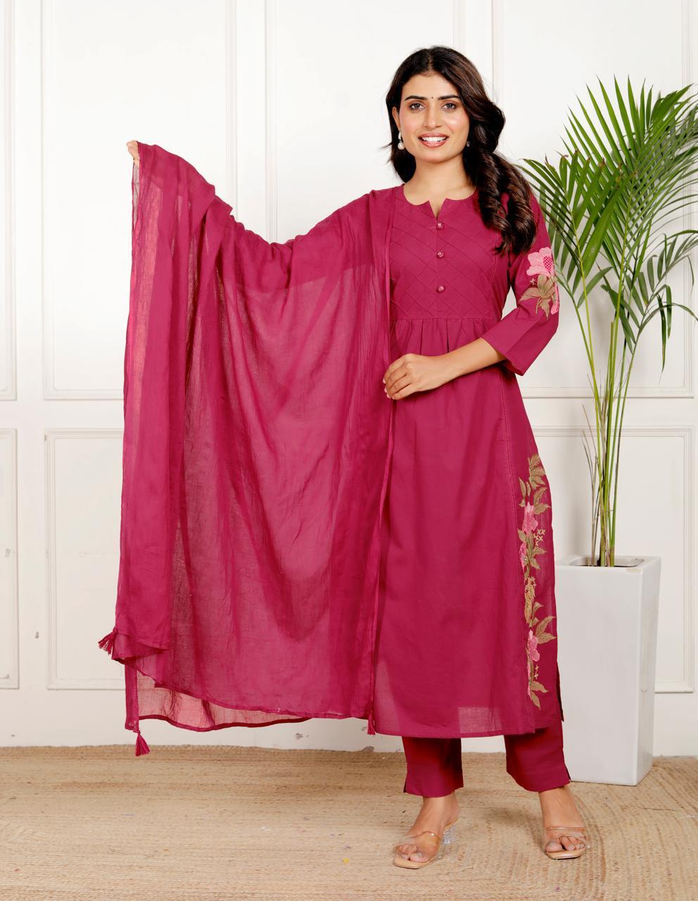 Pretty premium cotton embroidered full set in pink