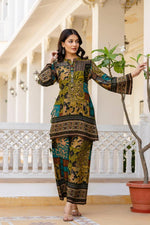 Premium rayon stylish co ord set in green n blue