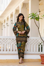 Premium rayon stylish co ord set in green n blue