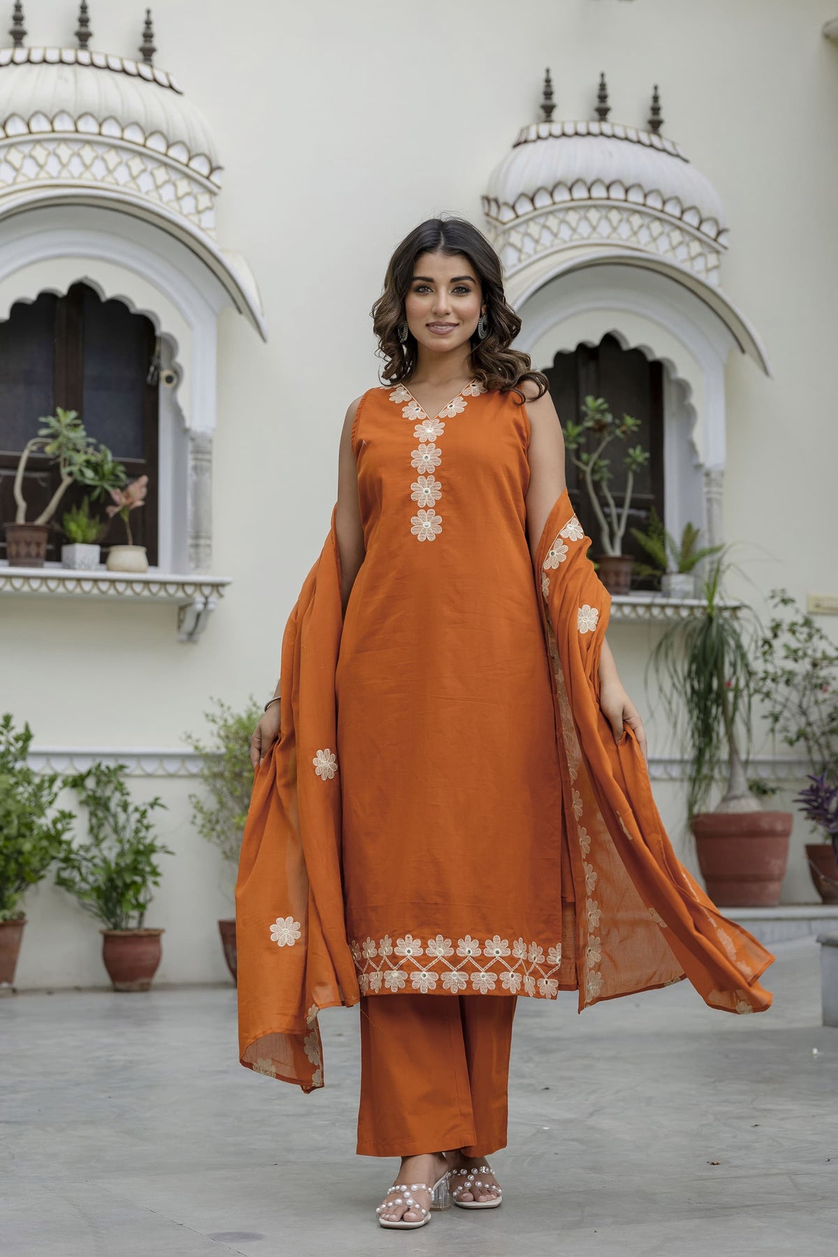Pure cotton embroidered suit paired with Mul cotton dupatta Rust