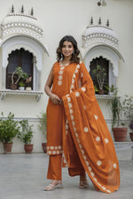 Pure cotton embroidered suit paired with Mul cotton dupatta Rust