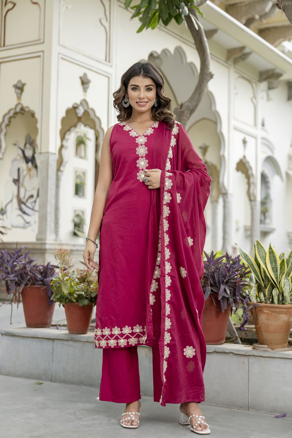 Pure cotton embroidered suit paired with Mul cotton dupatta in pink