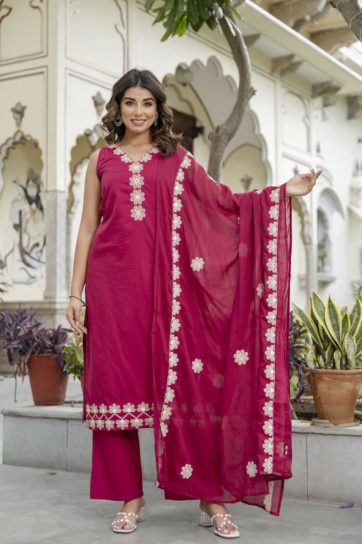 Pure cotton embroidered suit paired with Mul cotton dupatta in pink