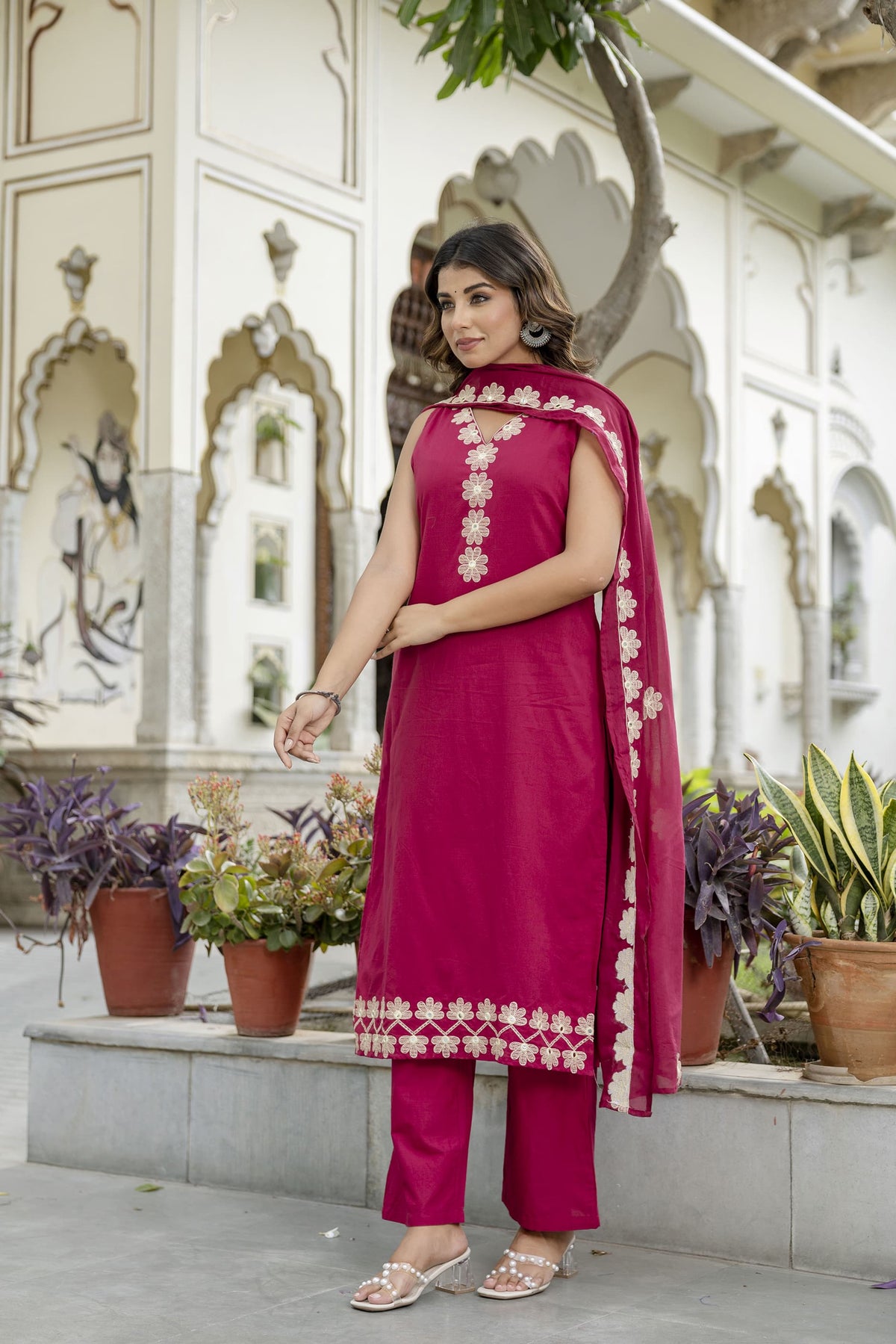 Pure cotton embroidered suit paired with Mul cotton dupatta in pink