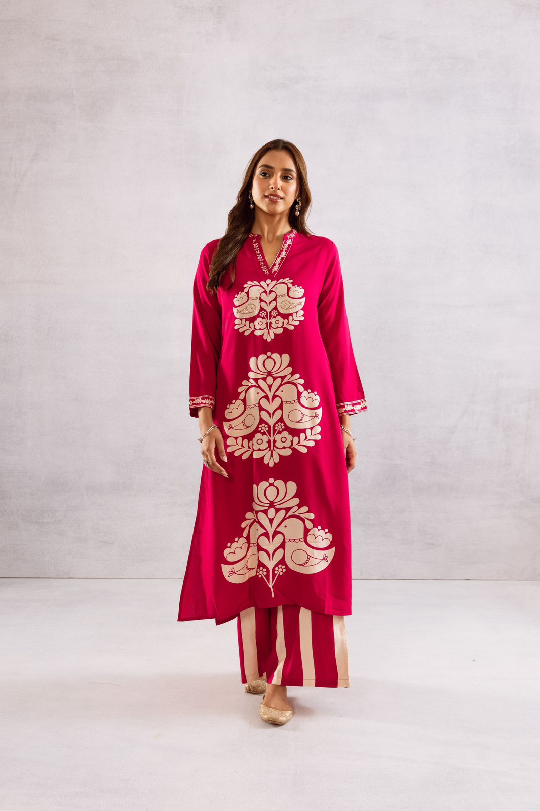 Super pretty love birds slub cotton with four pocket kurta pant in pink