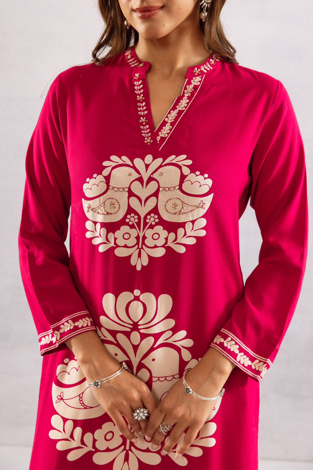 Super pretty love birds slub cotton with four pocket kurta pant in pink