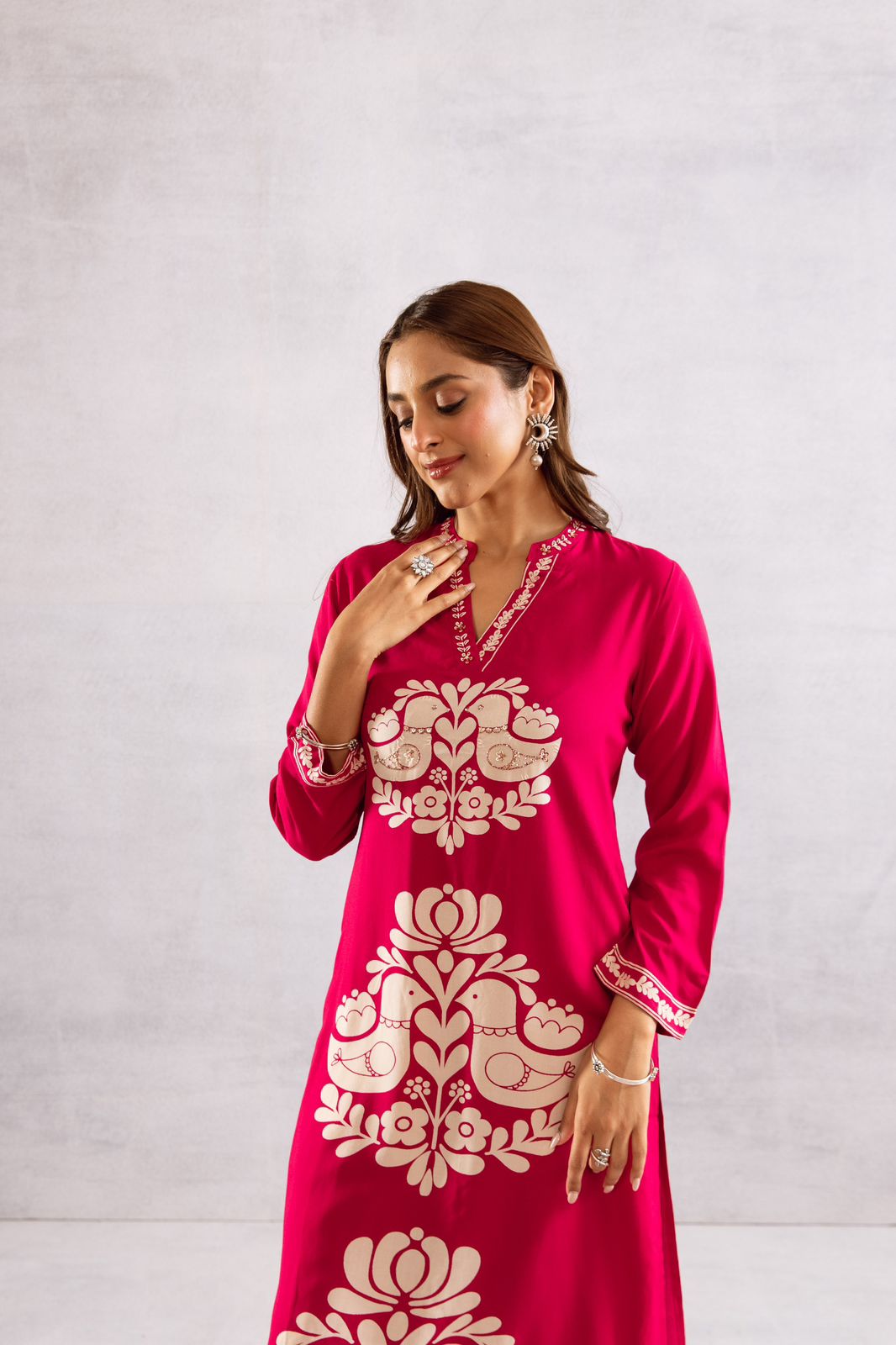 Super pretty love birds slub cotton with four pocket kurta pant in pink