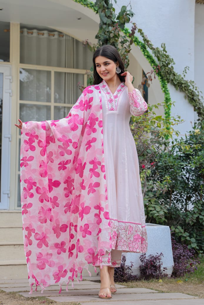 Smart n beautiful muslin silk suit set with full appliqué work