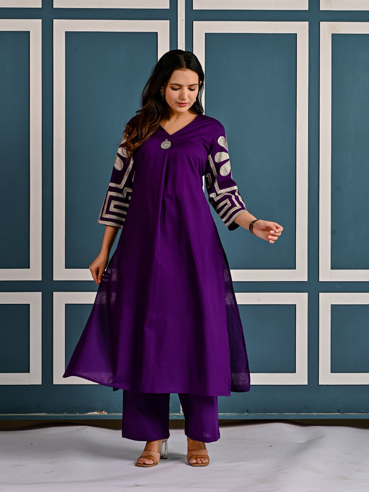 Cotton embroidered kurta pant in purple
