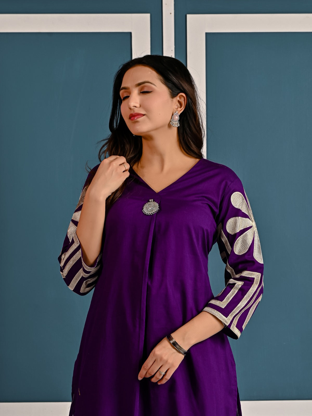 Cotton embroidered kurta pant in purple