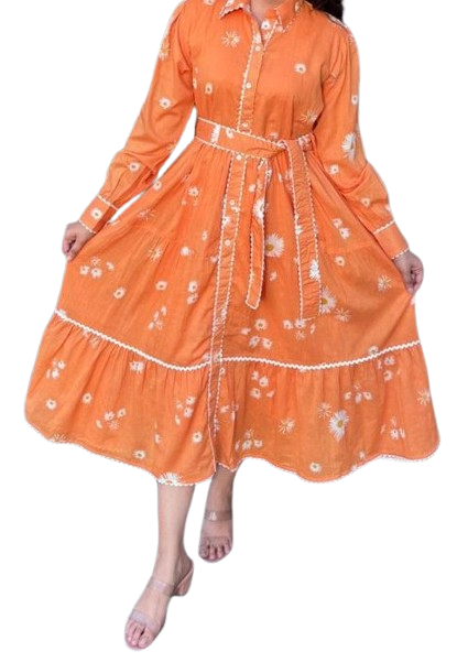 Pure cotton lining belt dress in rust