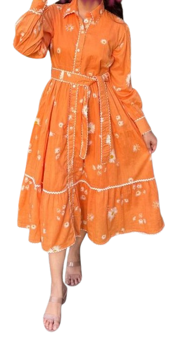 Pure cotton lining belt dress in rust