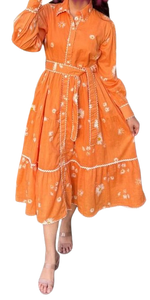 Pure cotton lining belt dress in rust