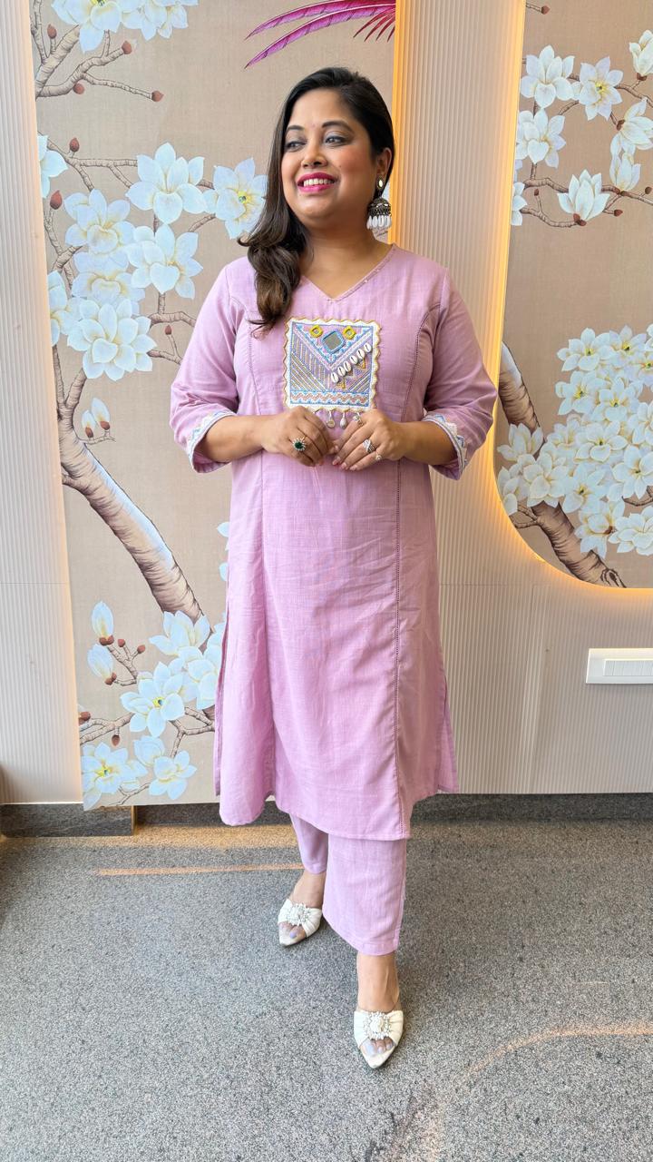 Restocked !! Powder pink cotton with applique work kurta pant !!