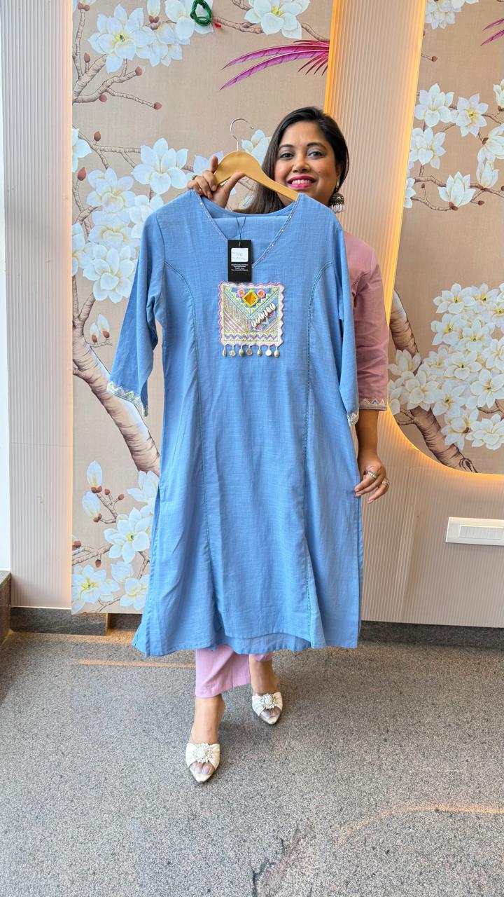 Powder blue cotton with applique work kurta pant