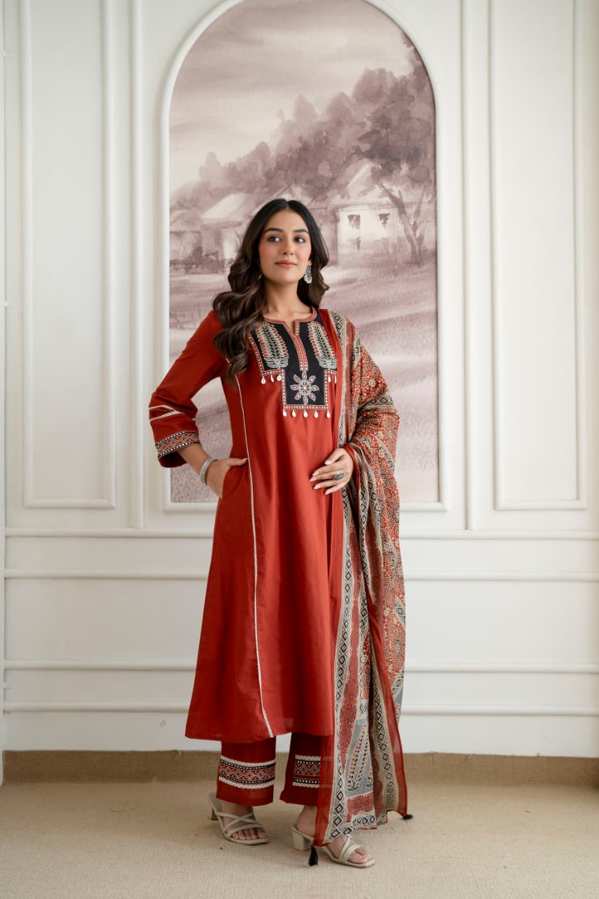 Applique work ajrakh full suit set