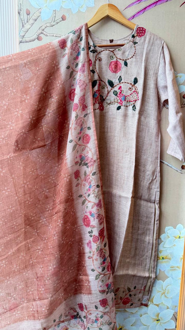 Pretty jute linen with katha highlight suit set