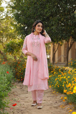 Pure Mul cotton embroidered pink lining suit set