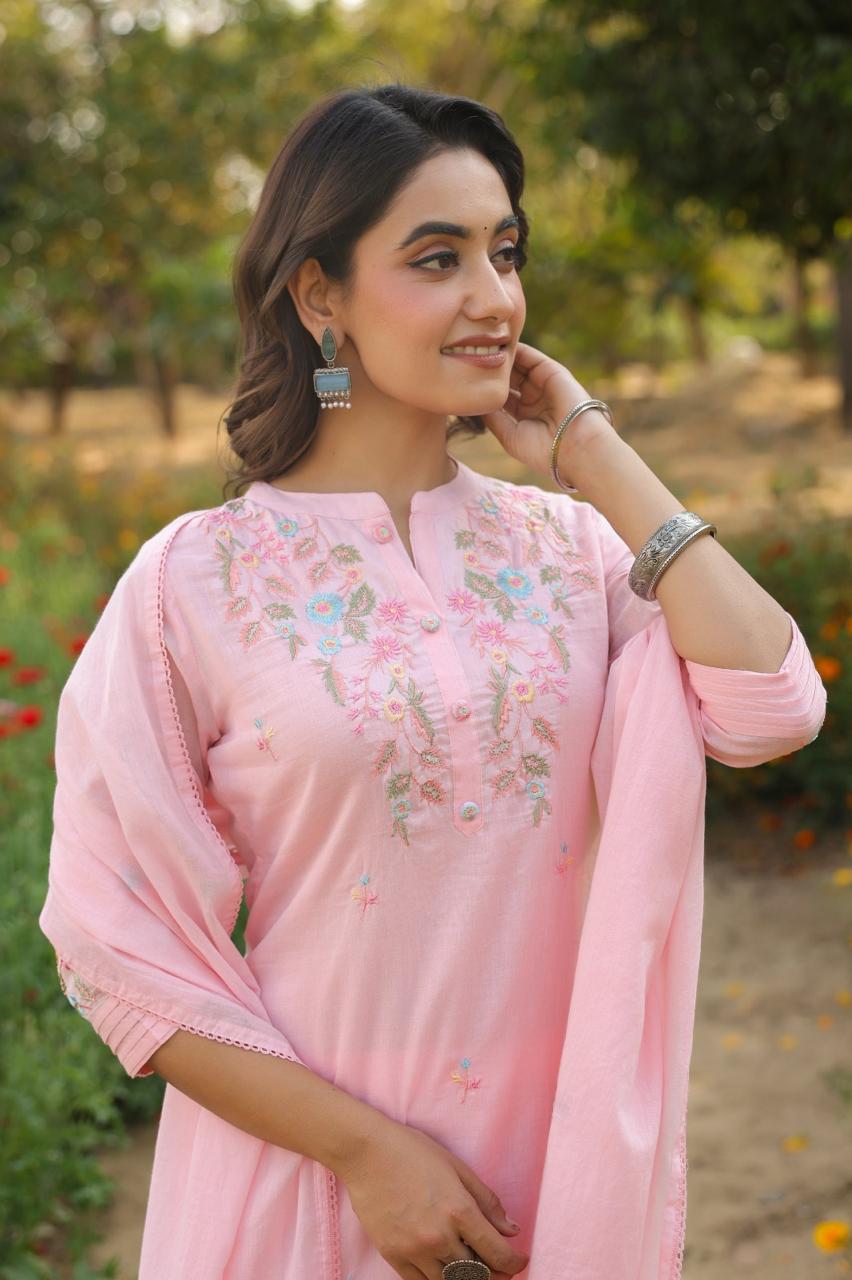 Pure Mul cotton embroidered pink lining suit set