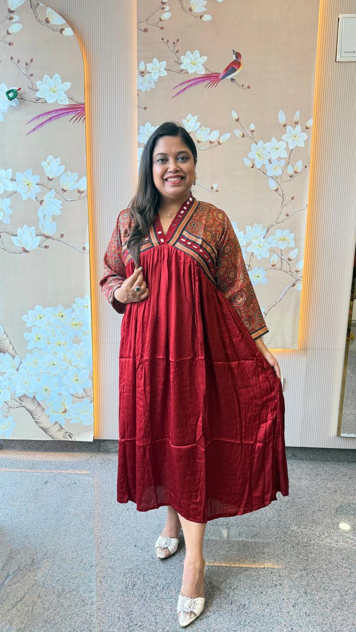 Pretty ajrakh Modale red one piece with real mirror