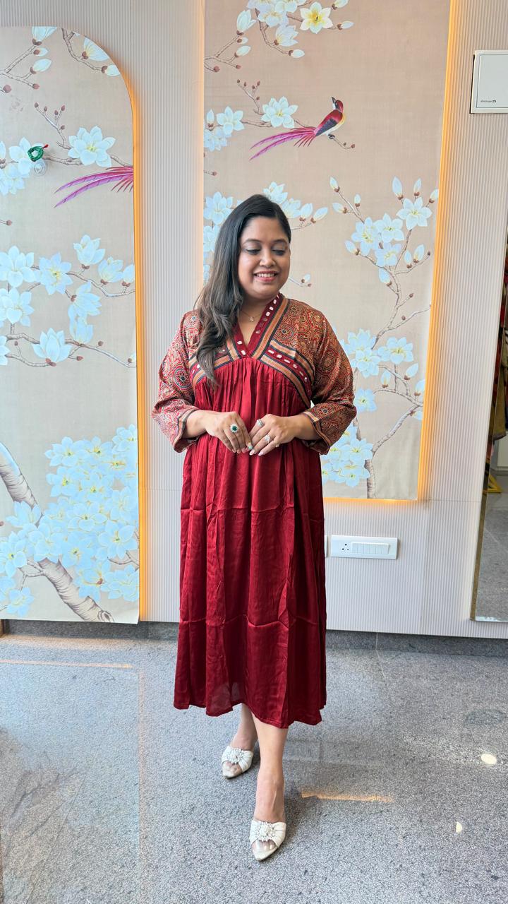 Pretty ajrakh Modale red one piece with real mirror