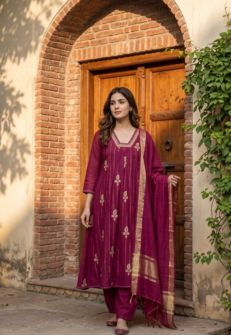Mul Chanderi embroidered suit set
