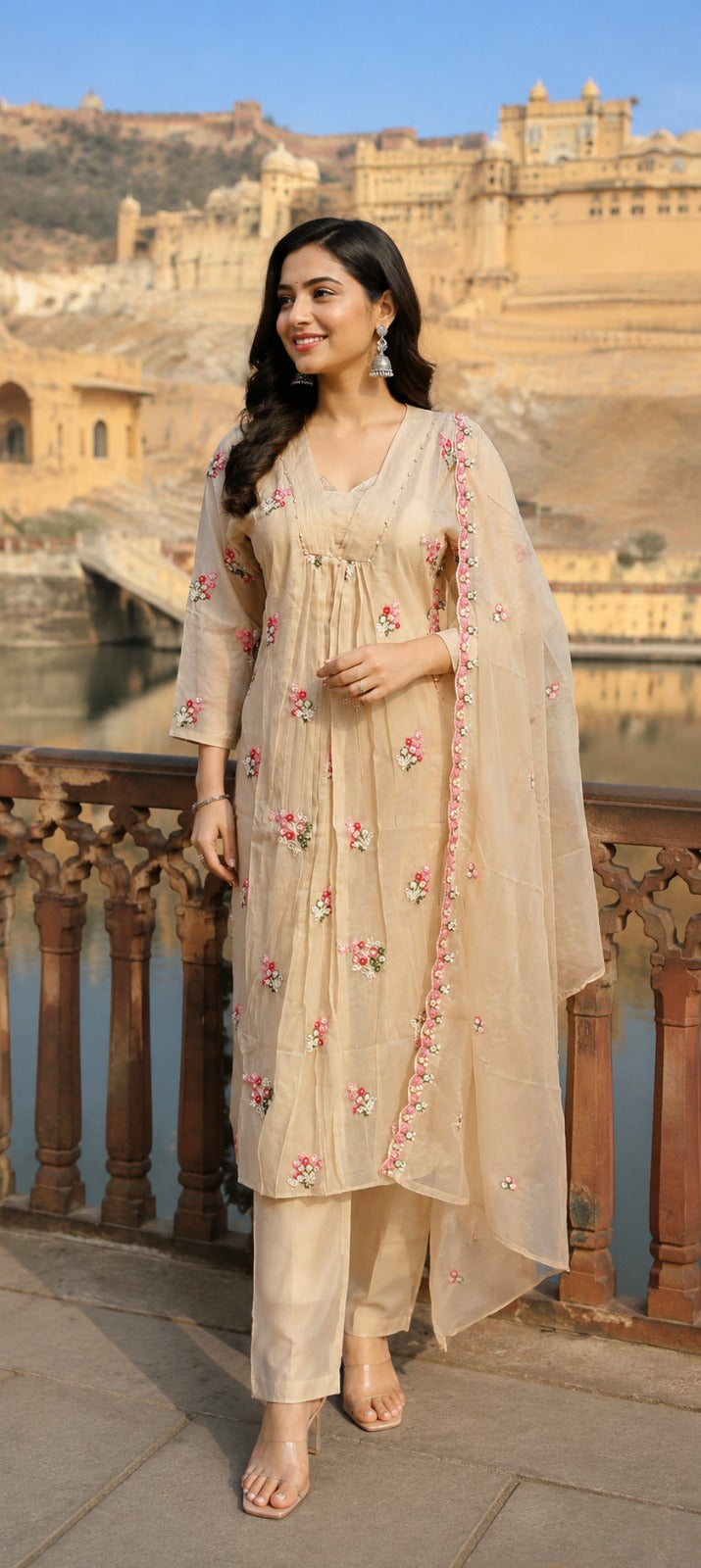Pure Mul chanderi heavy handwork full suit set