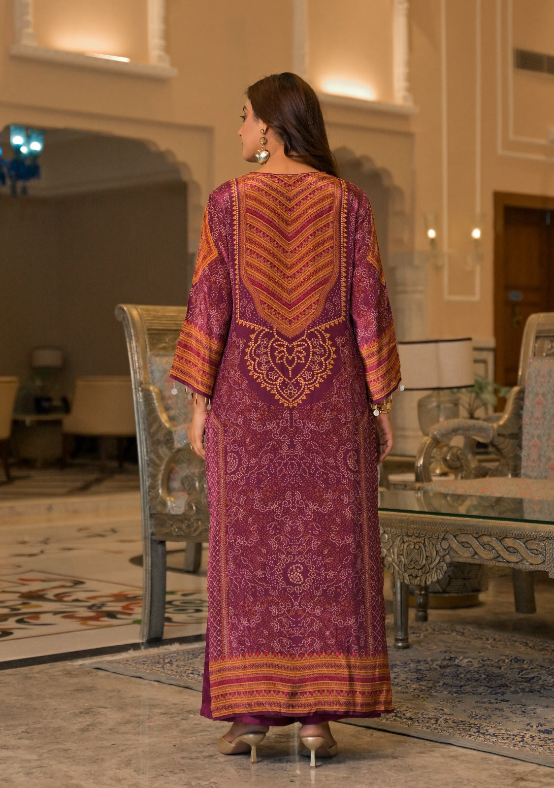 Super pretty crepe silk lining bandhani Phiran paired with pants in wine