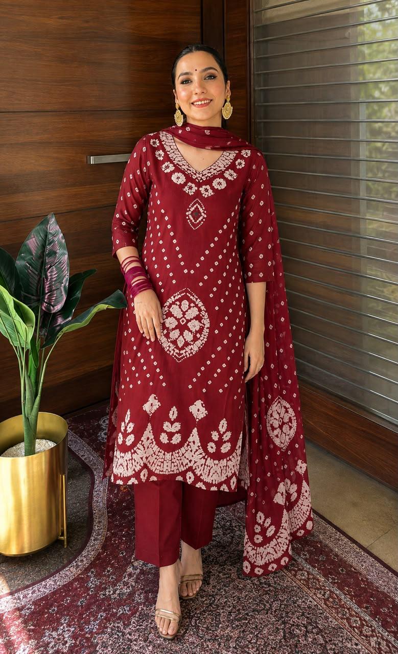 Super pretty cotton real mirror bandhani red suit