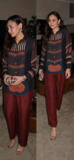 Pretty ajrakh crepe co ord set in blue n maroon