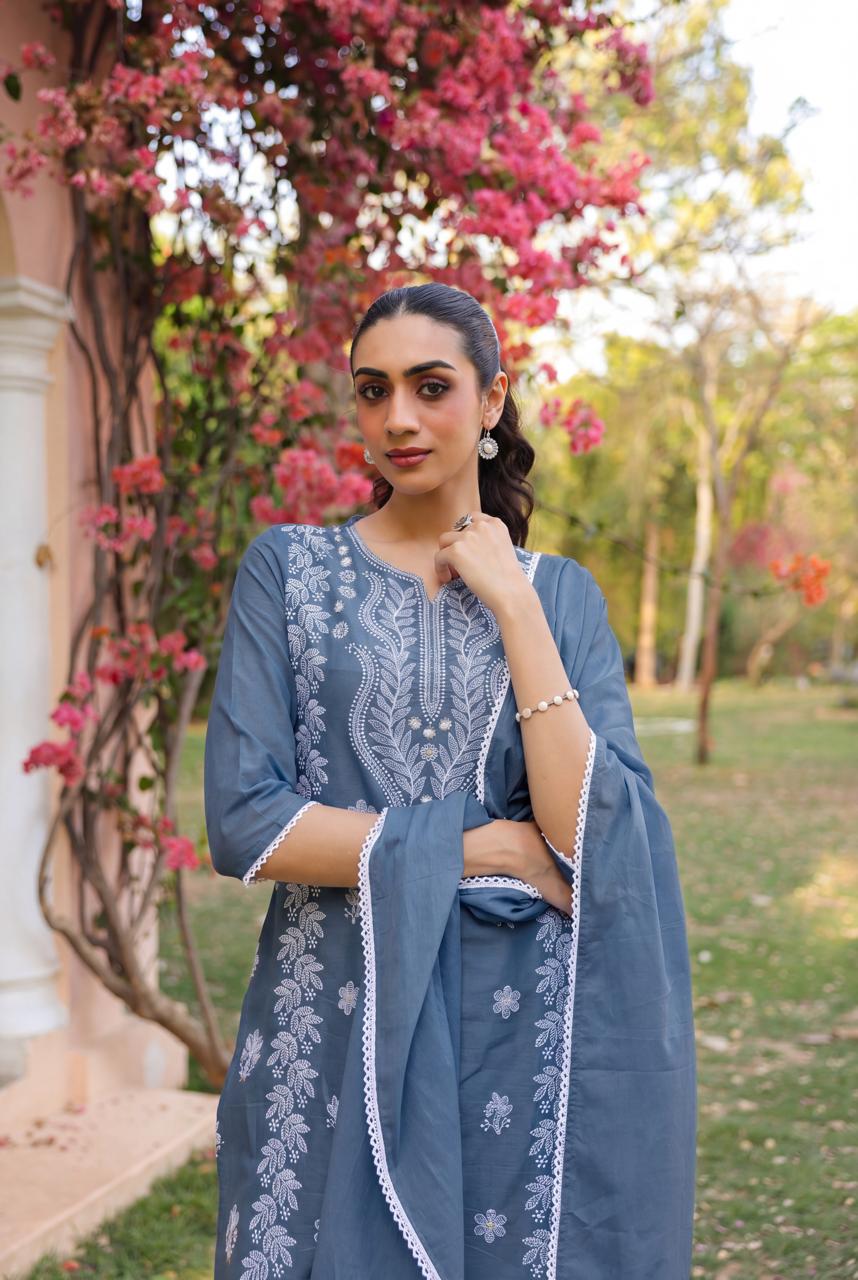 Mul cotton embroidered chikankari full suit set in blue