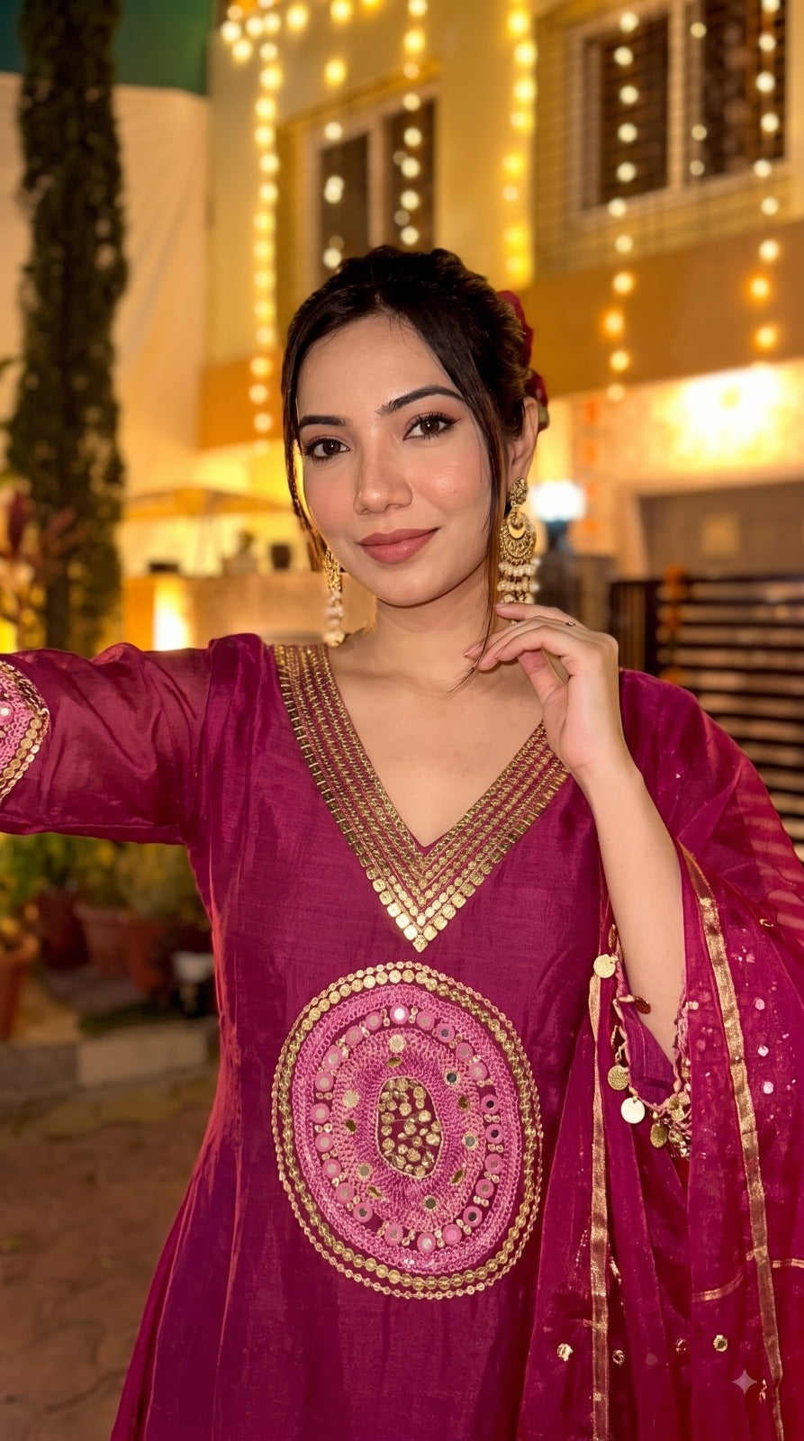 Premium Mul chanderi handwork suit set in Rani pink