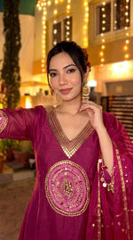 Premium Mul chanderi handwork suit set in Rani pink