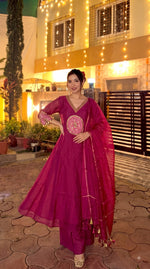 Premium Mul chanderi handwork suit set in Rani pink