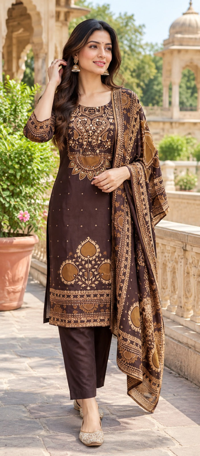 Pure crepe ajrakh suit set with lining in brown