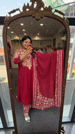 Pretty cotton digital printed full suit set in red comes with pocket in both kurta n pant