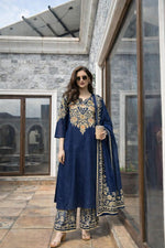 Pretty cotton digital printed full suit set in blue in both kurta n pant