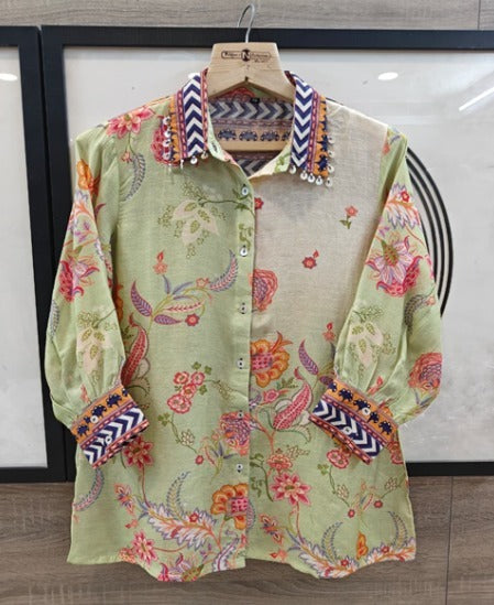 Pretty cotton digital printed shirt in green