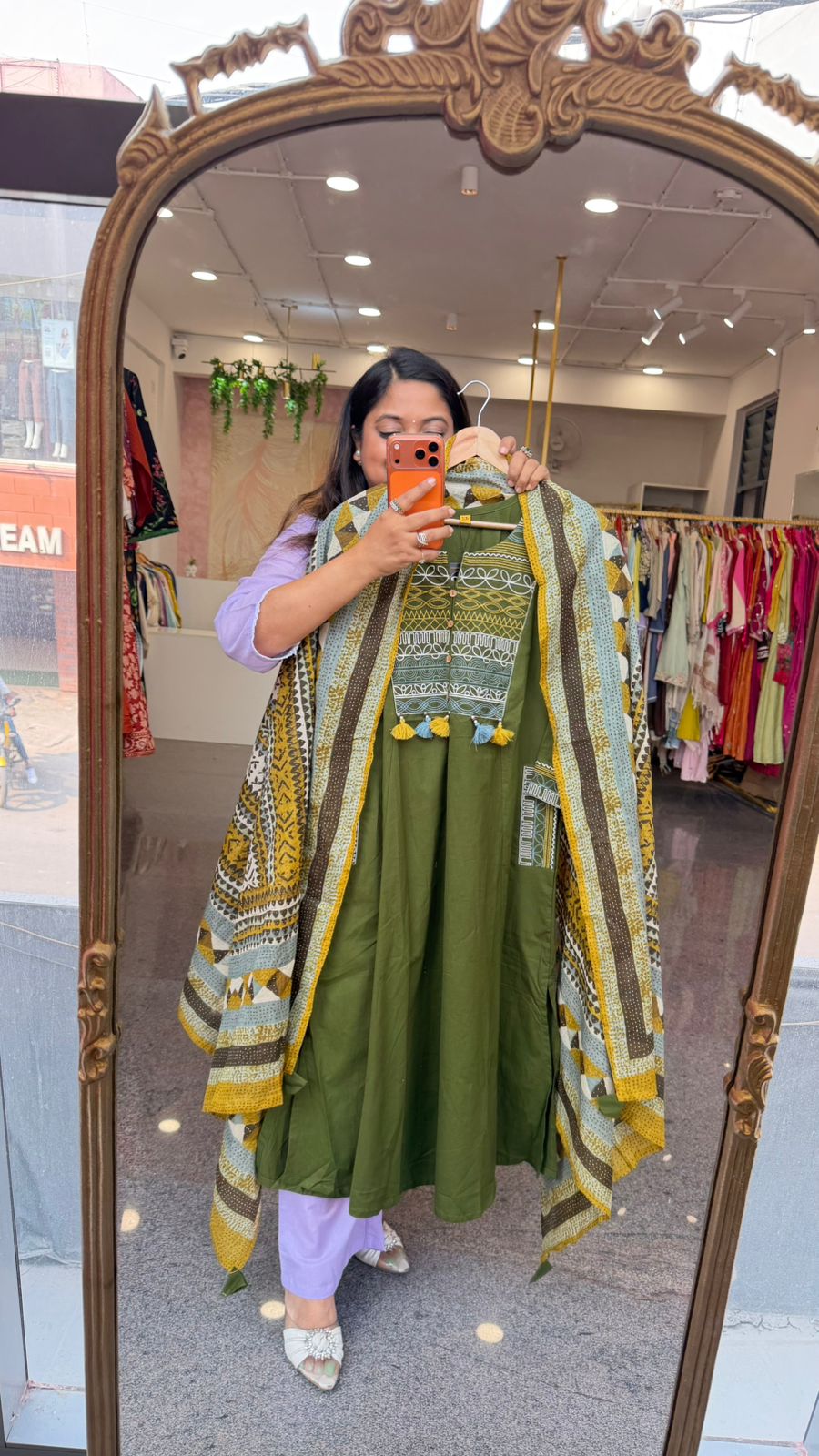 Pretty cotton katha stitch suit set paired with kalamkari dupatta in green