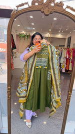 Pretty cotton katha stitch suit set paired with kalamkari dupatta in green