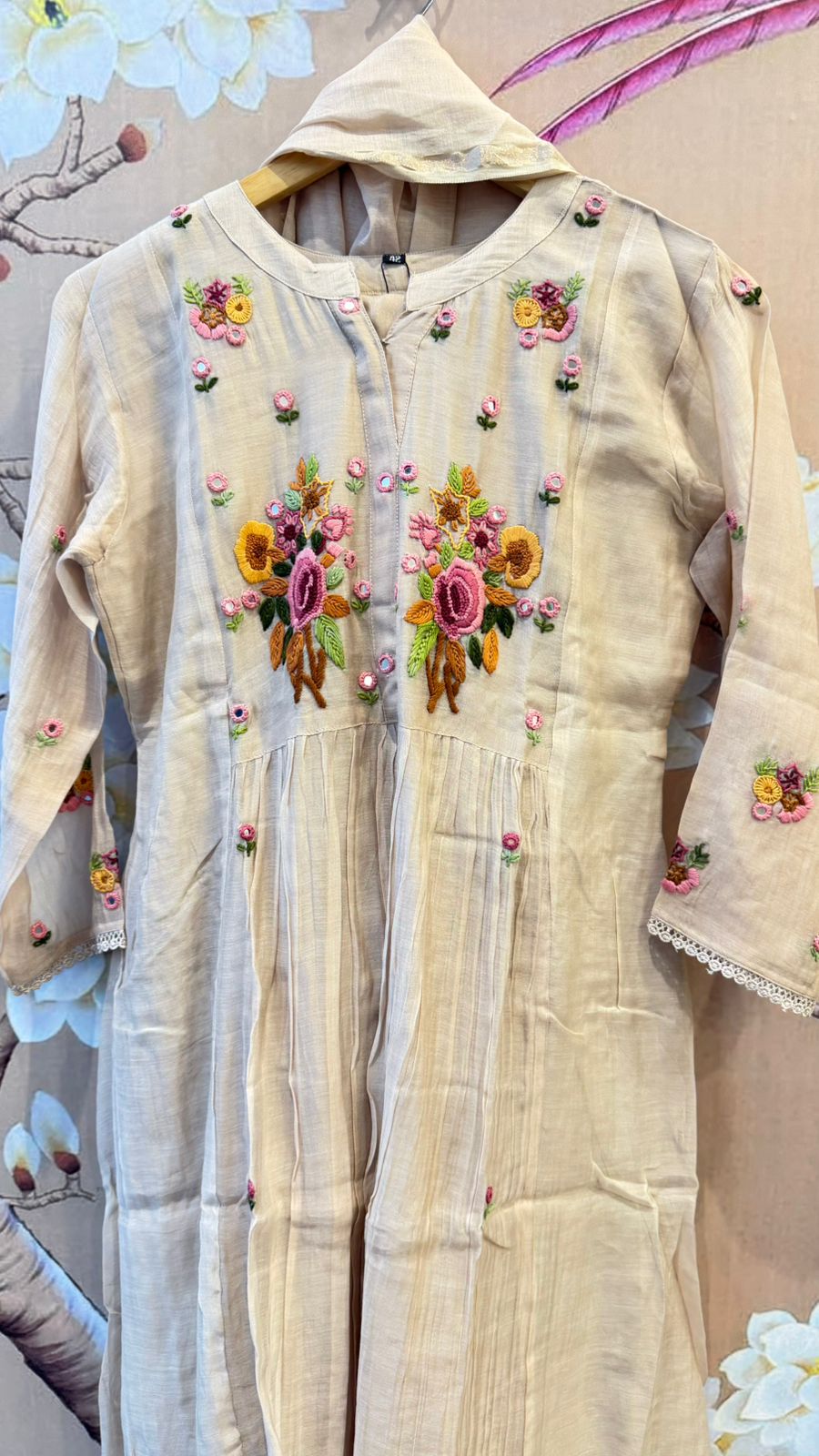 Super pretty embroidered Mul Chanderi suit set in hottest selling chikoo colour